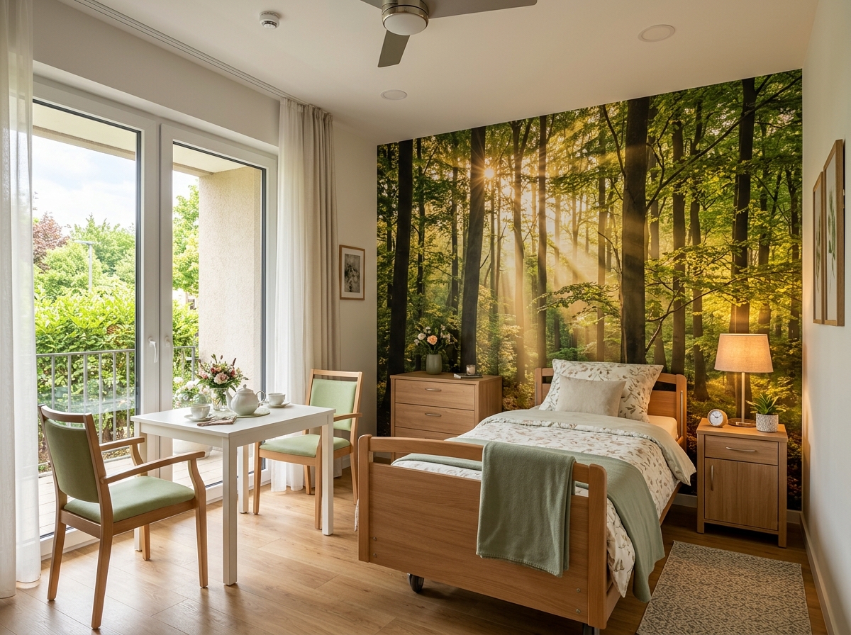 Visualisierung: Digitaldruck-Tapete in einem Zimmer einer Seniorenresidenz